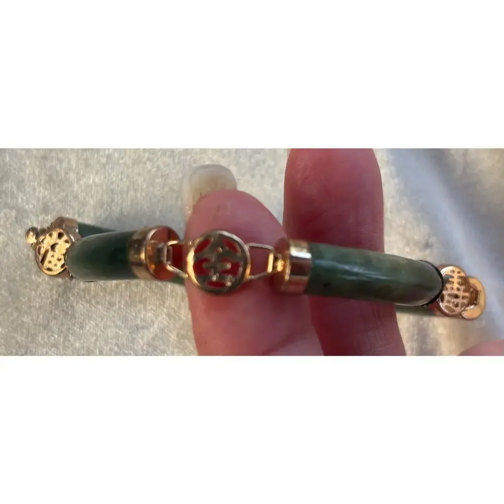 Vintage Jade Bracelet 4 Lucky Wishes Green Nephrite Gold Tone Bangle 7.5